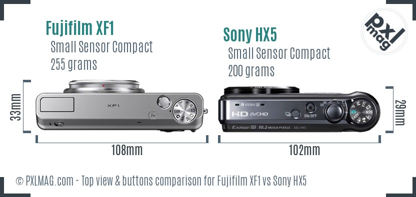 Fujifilm XF1 vs Sony HX5 top view buttons comparison