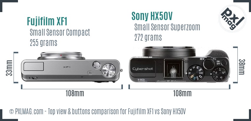 Fujifilm XF1 vs Sony HX50V top view buttons comparison