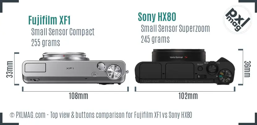 Fujifilm XF1 vs Sony HX80 top view buttons comparison
