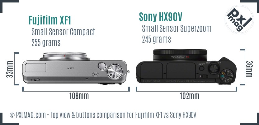 Fujifilm XF1 vs Sony HX90V top view buttons comparison
