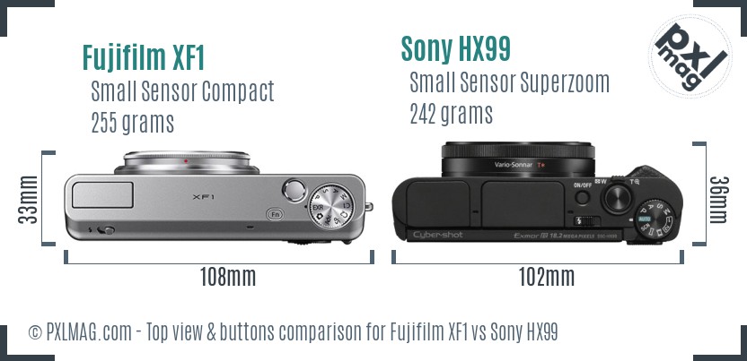 Fujifilm XF1 vs Sony HX99 top view buttons comparison