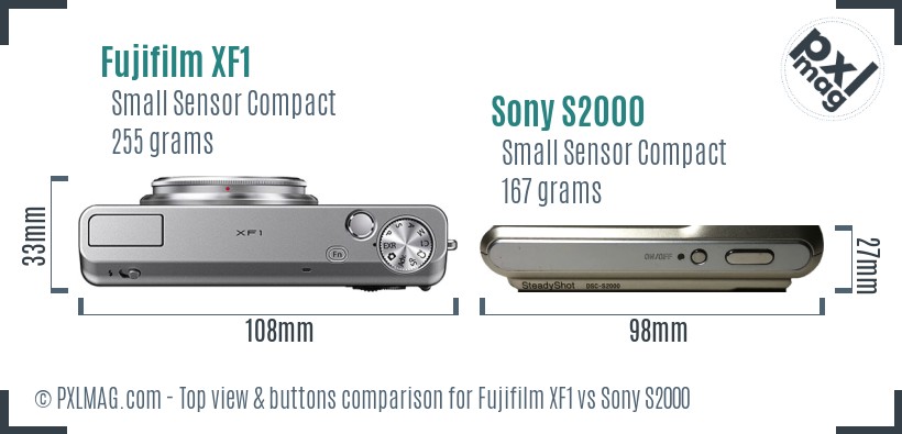 Fujifilm XF1 vs Sony S2000 top view buttons comparison