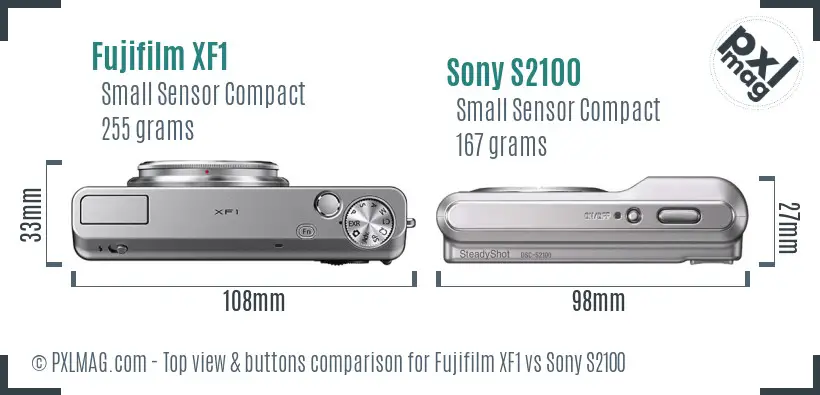 Fujifilm XF1 vs Sony S2100 top view buttons comparison