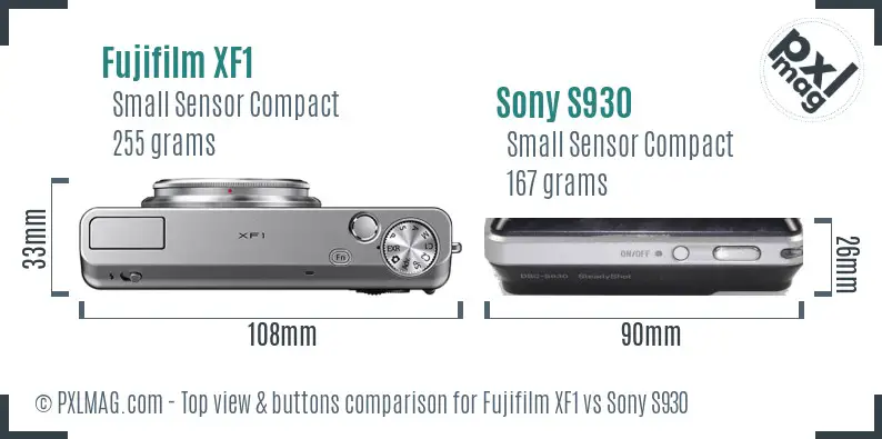 Fujifilm XF1 vs Sony S930 top view buttons comparison Fujifilm XF1 vs Sony S930 top view buttons comparison