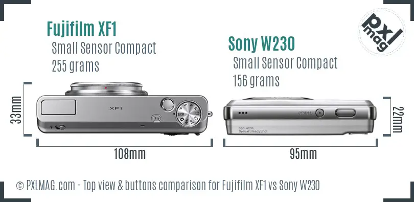 Fujifilm XF1 vs Sony W230 top view buttons comparison