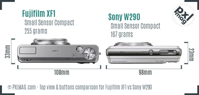 Fujifilm XF1 vs Sony W290 top view buttons comparison Fujifilm XF1 vs Sony W290 top view buttons comparison
