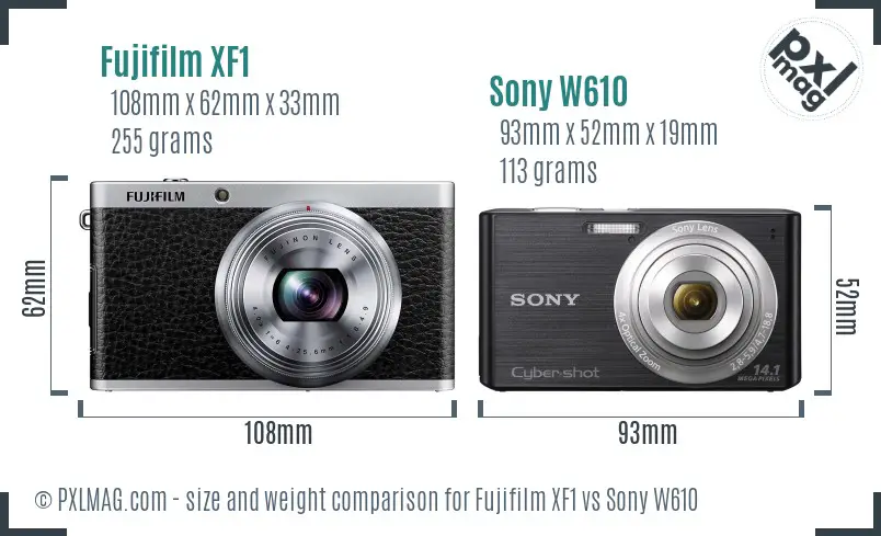 Fujifilm XF1 vs Sony W610 size comparison