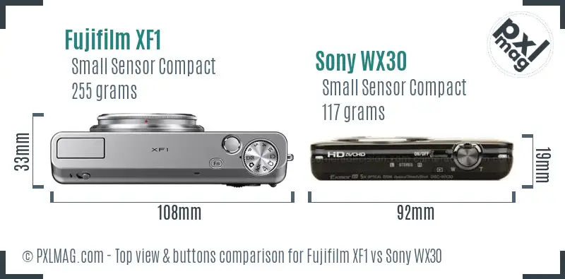 Fujifilm XF1 vs Sony WX30 top view buttons comparison