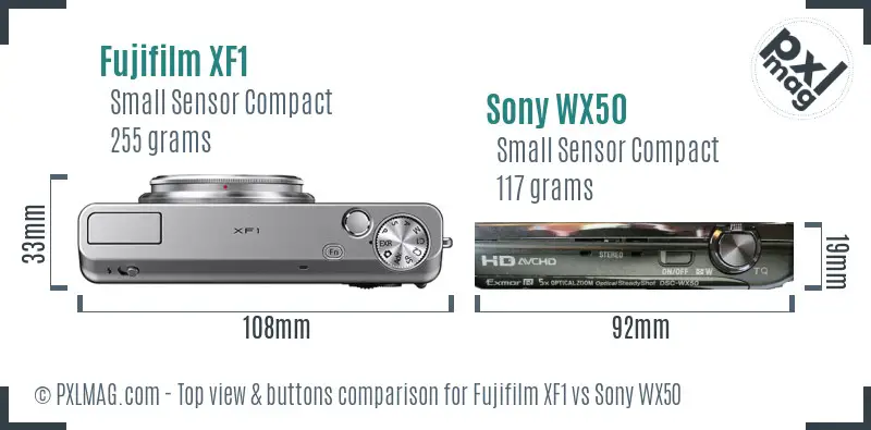 Fujifilm XF1 vs Sony WX50 top view buttons comparison