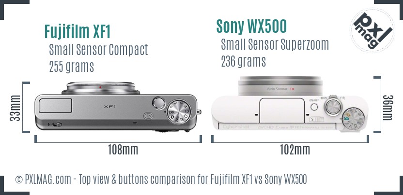 Fujifilm XF1 vs Sony WX500 top view buttons comparison