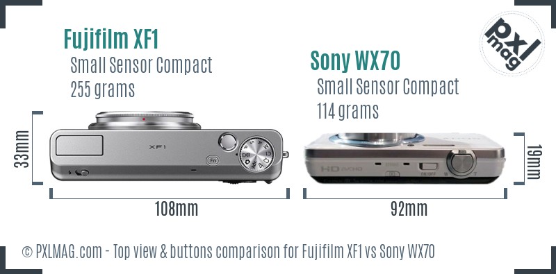 Fujifilm XF1 vs Sony WX70 top view buttons comparison