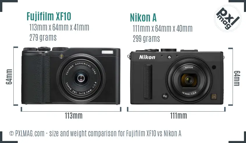 Fujifilm XF10 vs Nikon A size comparison