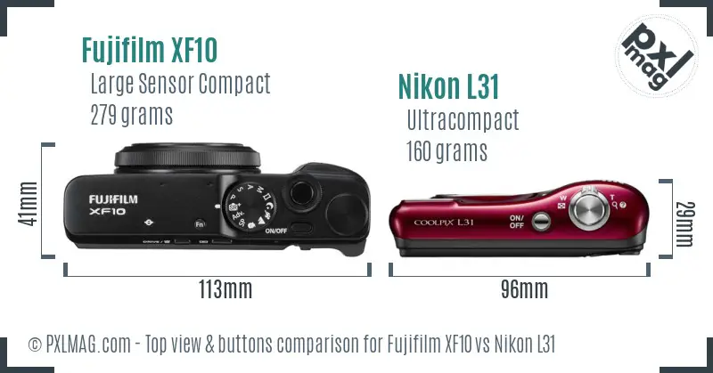 Fujifilm XF10 vs Nikon L31 top view buttons comparison