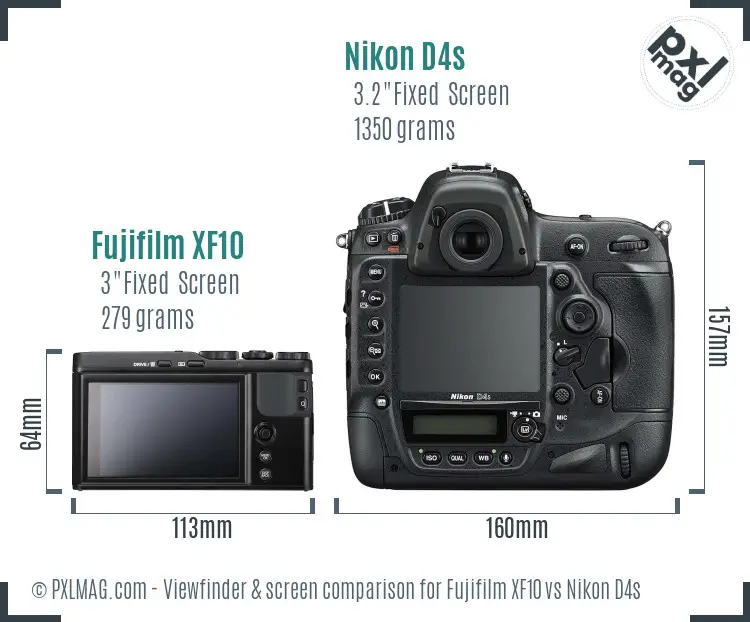 Fujifilm XF10 vs Nikon D4s Screen and Viewfinder comparison