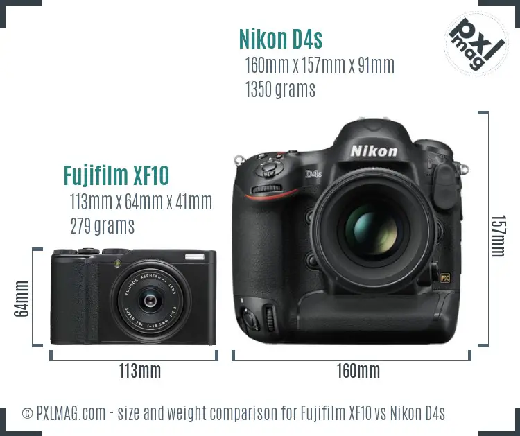 Fujifilm XF10 vs Nikon D4s size comparison