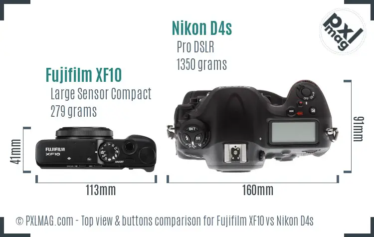 Fujifilm XF10 vs Nikon D4s top view buttons comparison