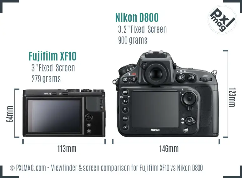 Fujifilm XF10 vs Nikon D800 Screen and Viewfinder comparison