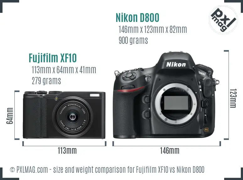 Fujifilm XF10 vs Nikon D800 size comparison