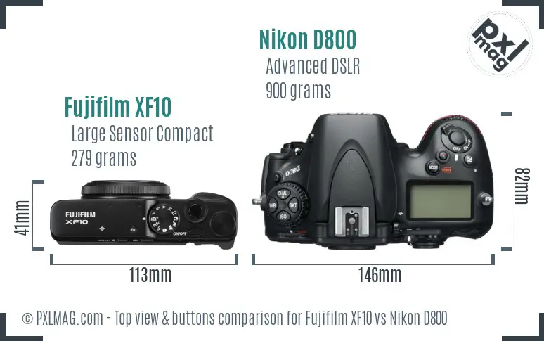 Fujifilm XF10 vs Nikon D800 top view buttons comparison