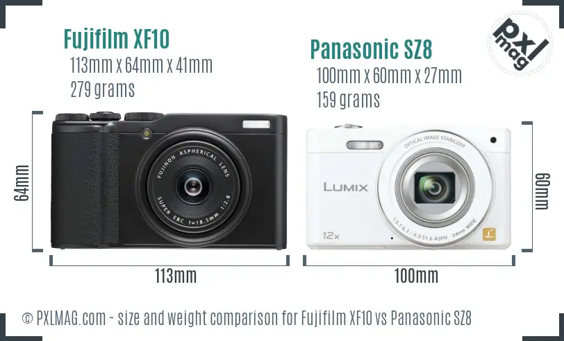Fujifilm XF10 vs Panasonic SZ8 size comparison