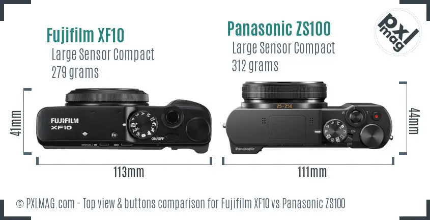Fujifilm XF10 vs Panasonic ZS100 top view buttons comparison
