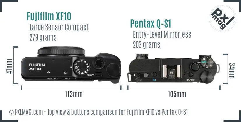 Fujifilm XF10 vs Pentax Q-S1 top view buttons comparison