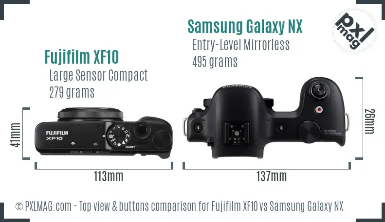 Fujifilm XF10 vs Samsung Galaxy NX top view buttons comparison