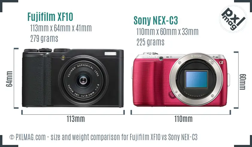 Fujifilm XF10 vs Sony NEX-C3 size comparison