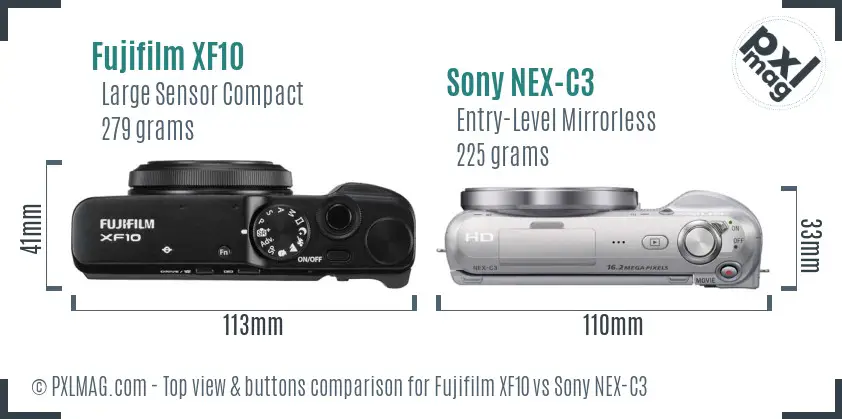 Fujifilm XF10 vs Sony NEX-C3 top view buttons comparison
