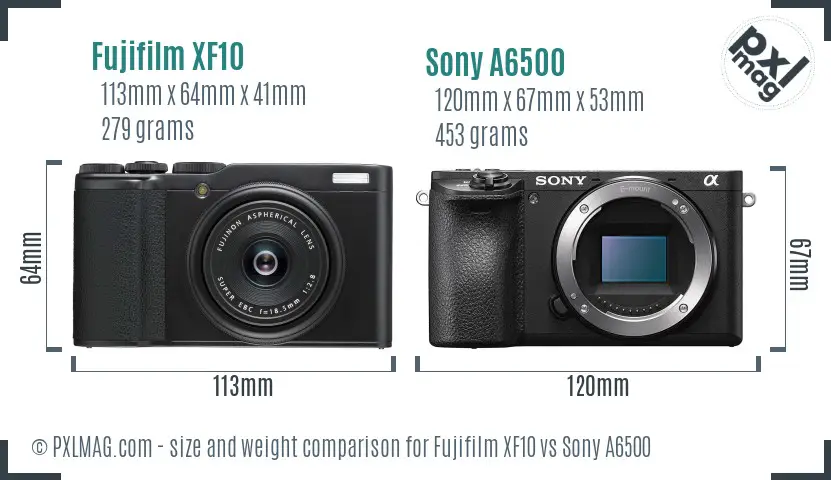 Fujifilm XF10 vs Sony A6500 size comparison