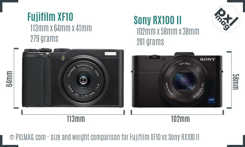 Fujifilm XF10 vs Sony RX100 II size comparison