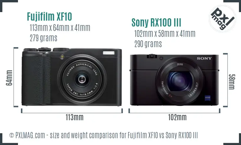 Fujifilm XF10 vs Sony RX100 III size comparison