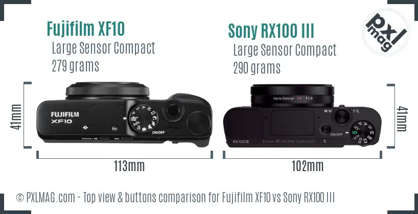 Fujifilm XF10 vs Sony RX100 III top view buttons comparison
