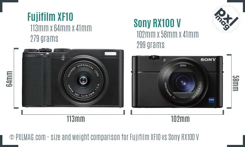 Fujifilm XF10 vs Sony RX100 V size comparison