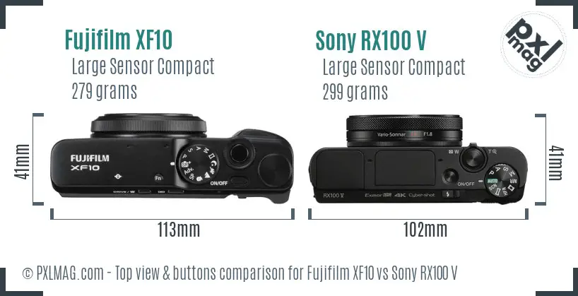 Fujifilm XF10 vs Sony RX100 V top view buttons comparison