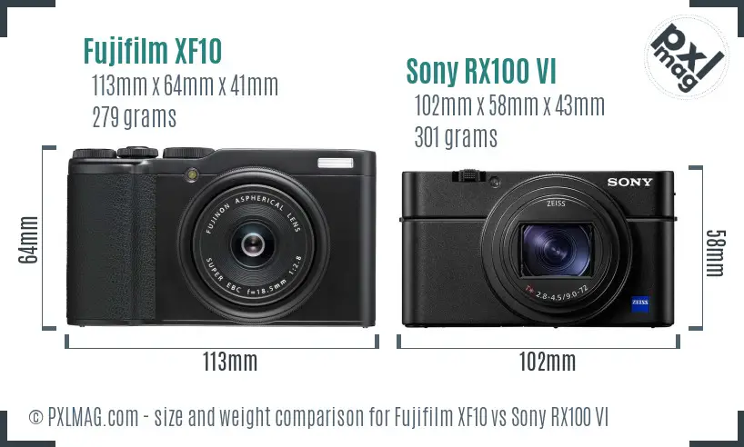 Fujifilm XF10 vs Sony RX100 VI size comparison