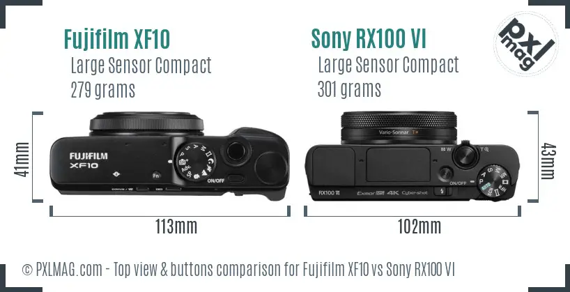 Fujifilm XF10 vs Sony RX100 VI top view buttons comparison