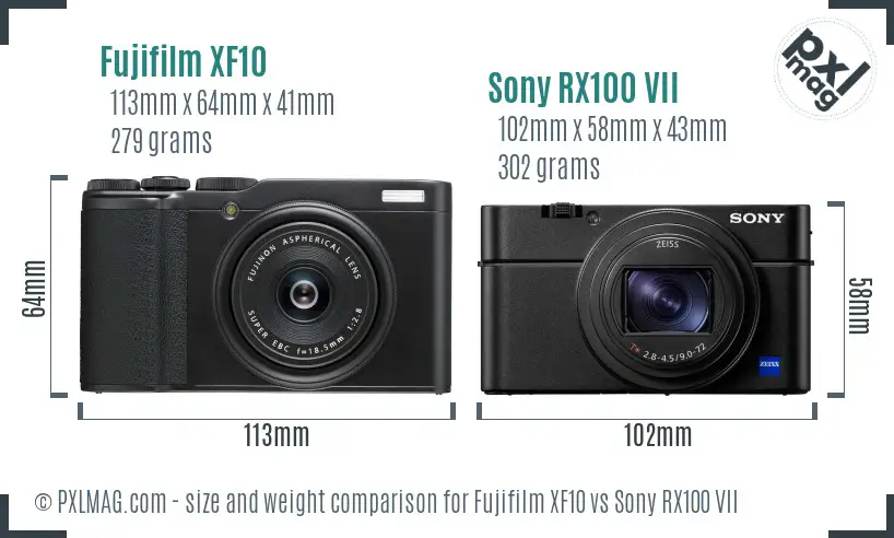 Fujifilm XF10 vs Sony RX100 VII size comparison