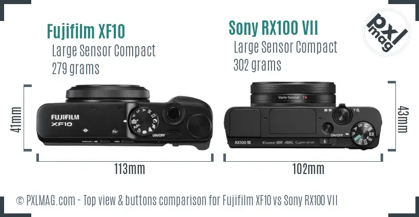 Fujifilm XF10 vs Sony RX100 VII top view buttons comparison