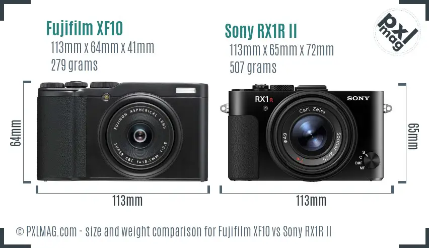 Fujifilm XF10 vs Sony RX1R II size comparison