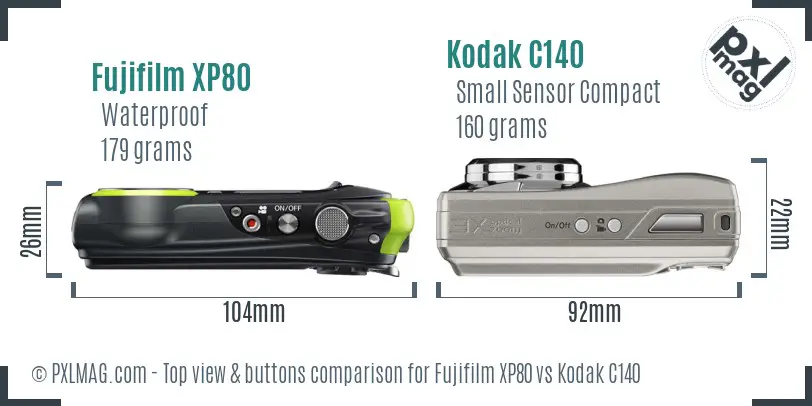Fujifilm XP80 vs Kodak C140 top view buttons comparison Fujifilm XP80 vs Kodak C140 top view buttons comparison
