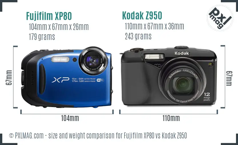 Fujifilm XP80 vs Kodak Z950 size comparison