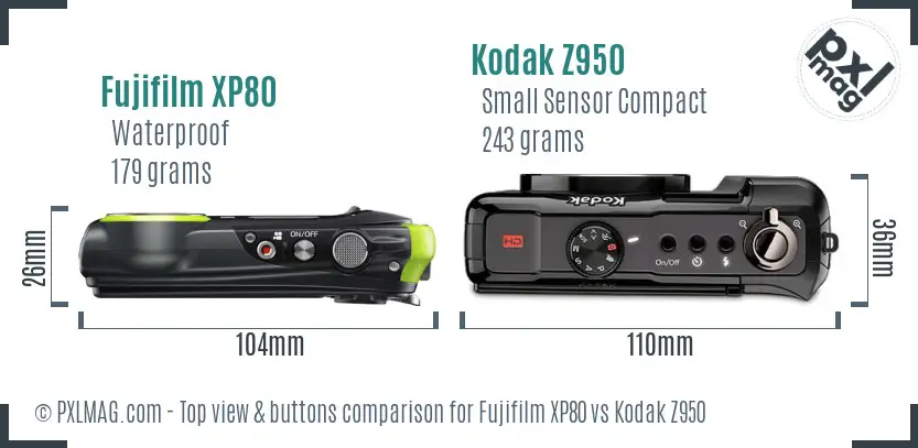 Fujifilm XP80 vs Kodak Z950 top view buttons comparison
