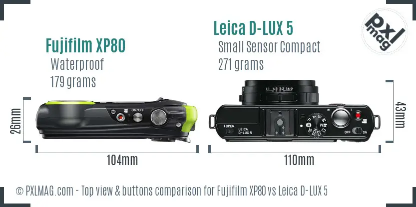 Fujifilm XP80 vs Leica D-LUX 5 top view buttons comparison