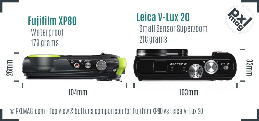 Fujifilm XP80 vs Leica V-Lux 20 top view buttons comparison