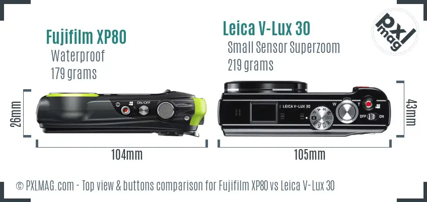 Fujifilm XP80 vs Leica V-Lux 30 top view buttons comparison Fujifilm XP80 vs Leica V-Lux 30 top view buttons comparison