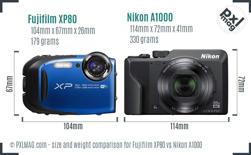 Fujifilm XP80 vs Nikon A1000 size comparison