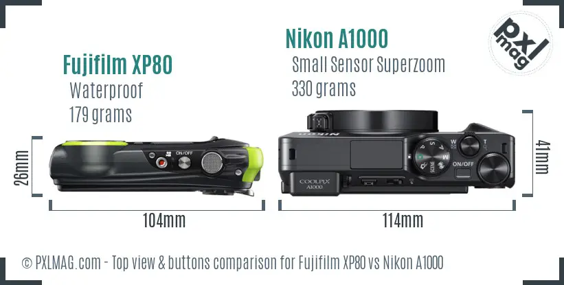 Fujifilm XP80 vs Nikon A1000 top view buttons comparison