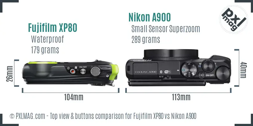 Fujifilm XP80 vs Nikon A900 top view buttons comparison Fujifilm XP80 vs Nikon A900 top view buttons comparison