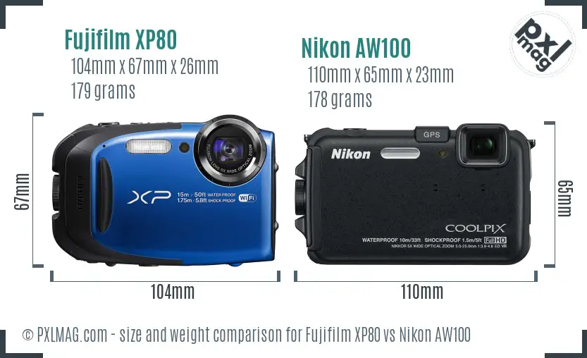 Fujifilm XP80 vs Nikon AW100 size comparison